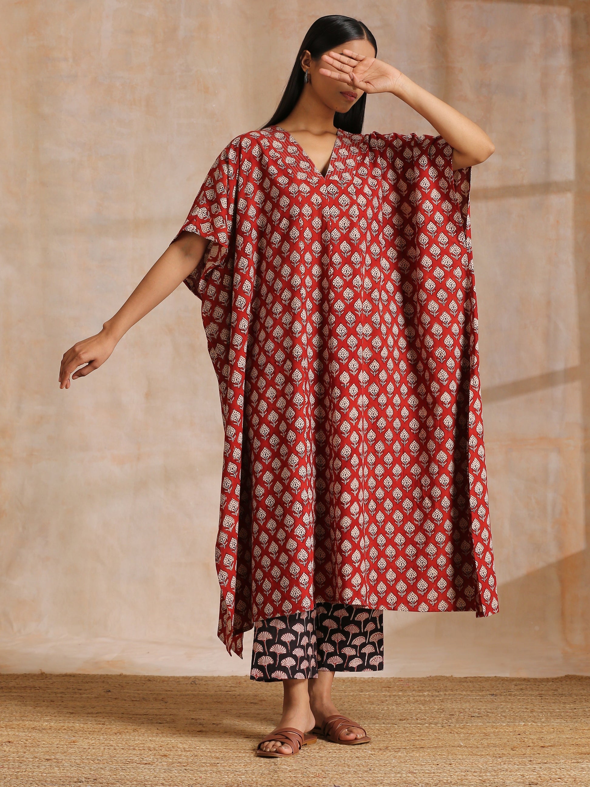 trueBrowns Rust Red Bagru Floral Print Cotton Panel Kaftan Kurta Pant Set | Swadesiicart