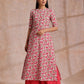 trueBrowns Pink Brown Overall Floral On White Block Print Cotton Slit Kurta Pant Set | Swadesiicart