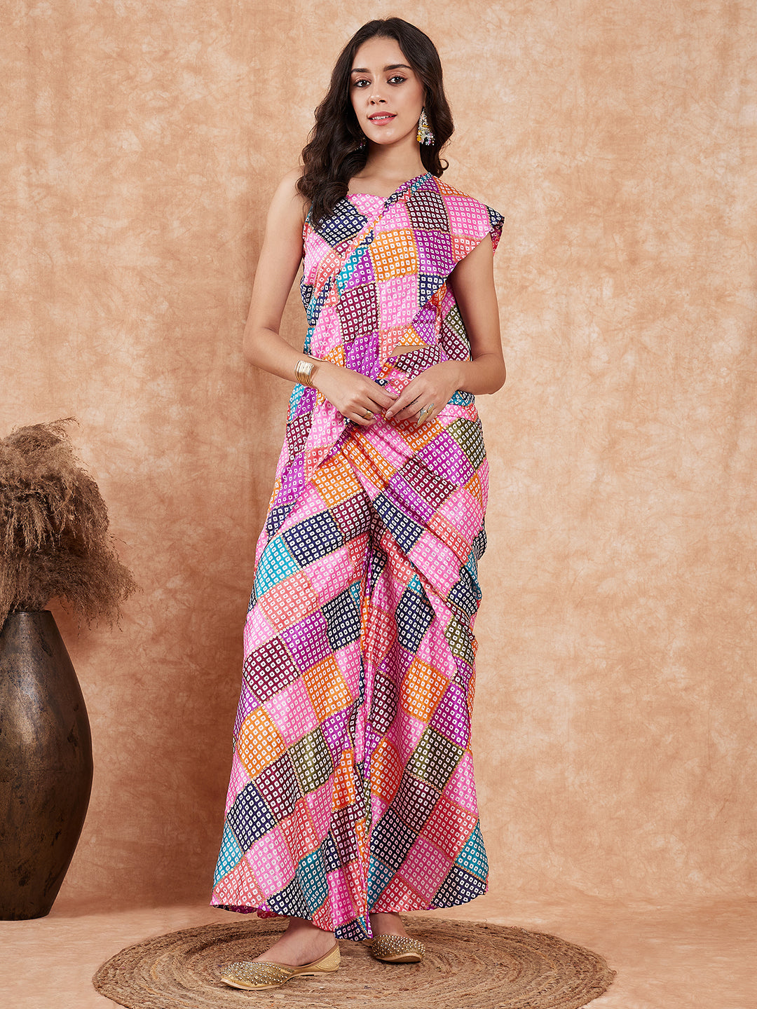 InWeave Women's Pink Square Multi Badhani Palazzo Saree - Swadesiicart