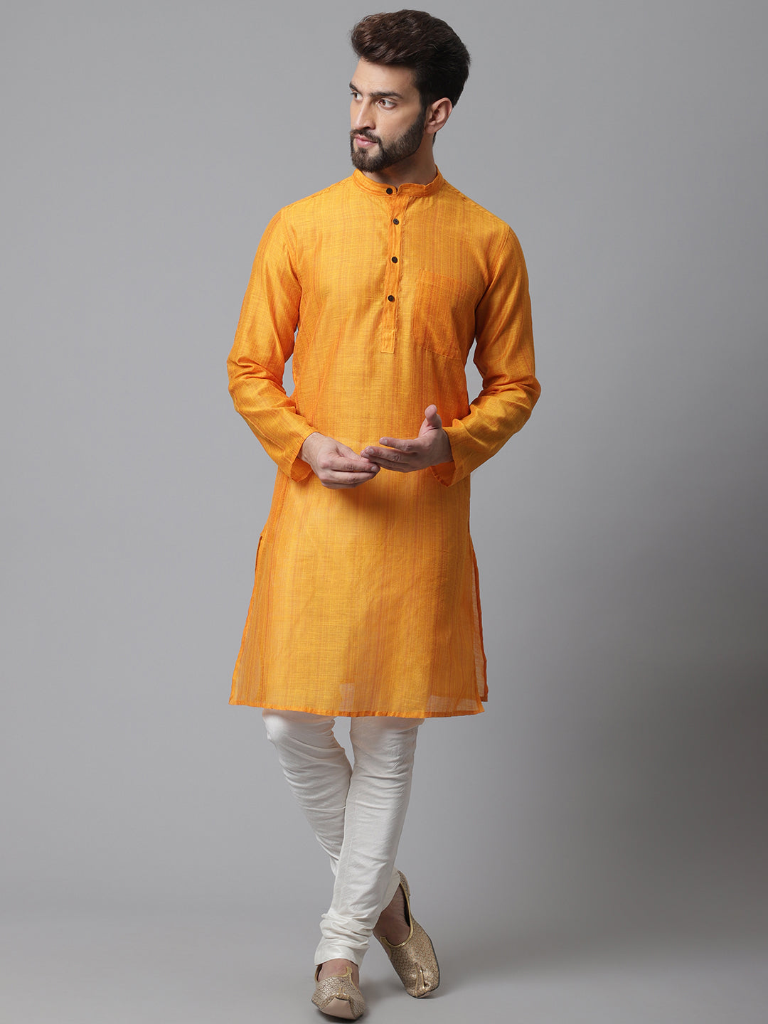 Even Apparels Yellow Check Kurta With Band Collar | Swadesiicart