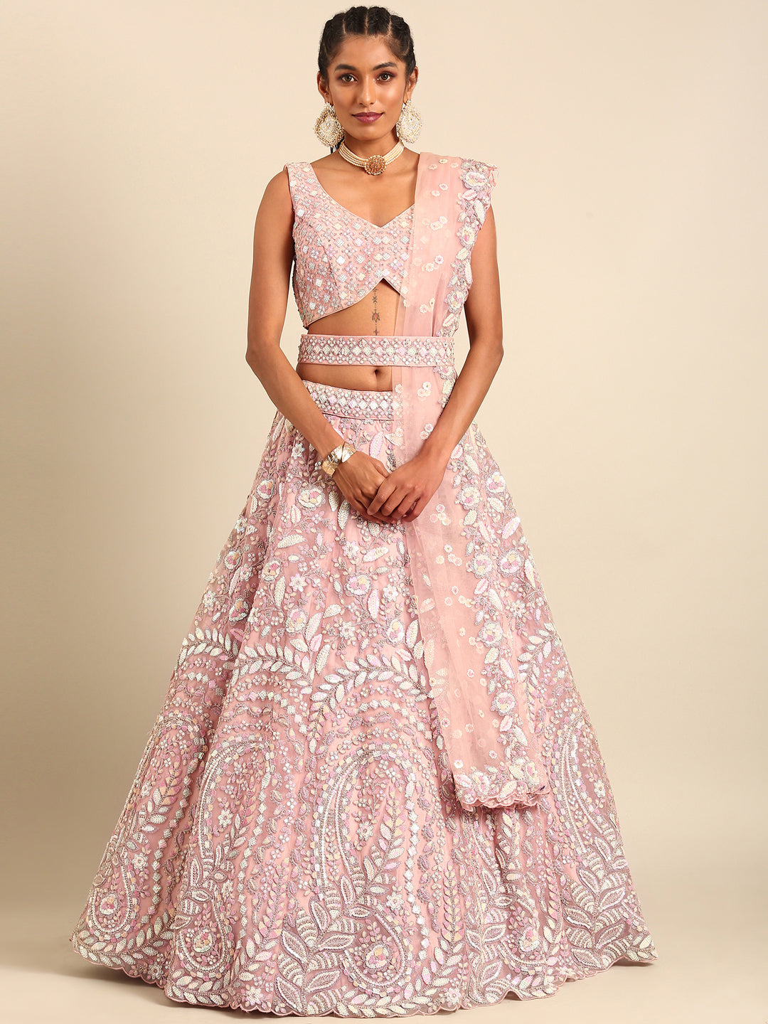 House of Panchhi Pink Net Multi Sequins with heavy Zarkan embroidery Lehenga choli & Dupatta | Swadesiicart