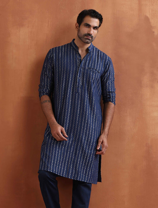 trueBrowns Men's Blue Cotton Dobby Kurta | Swadesiicart