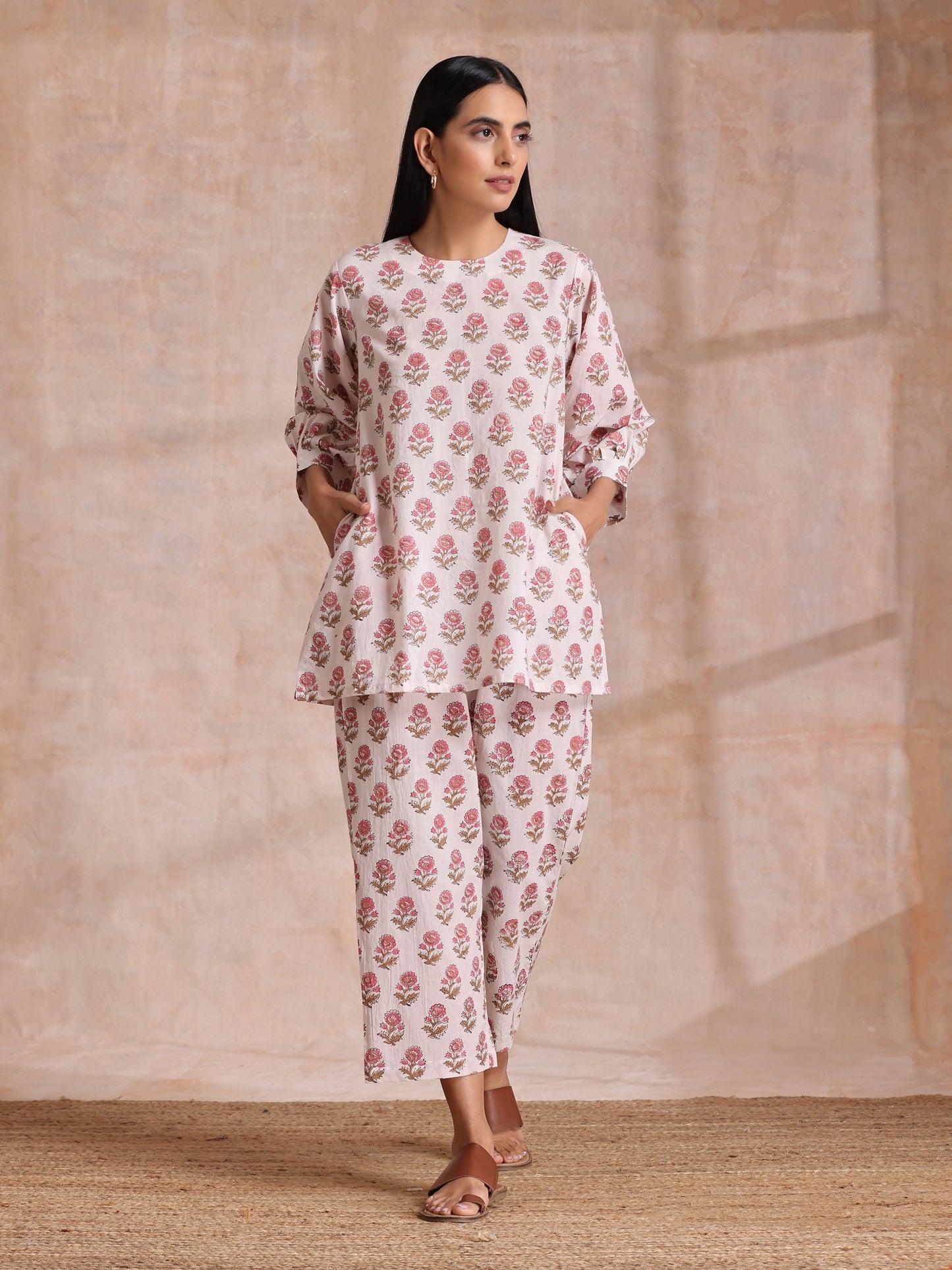 trueBrowns Pink Brown Buta On White Block Print Cotton Baggy Sleeve Co-Ord Set - Swadesiicart
