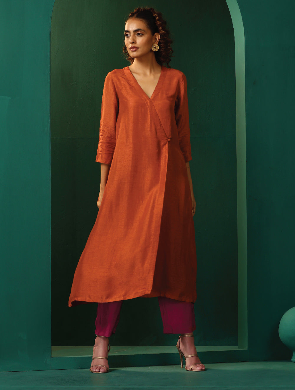 trueBrowns Rust Silk Angrakha Kurta Pant Set | Swadesiicart