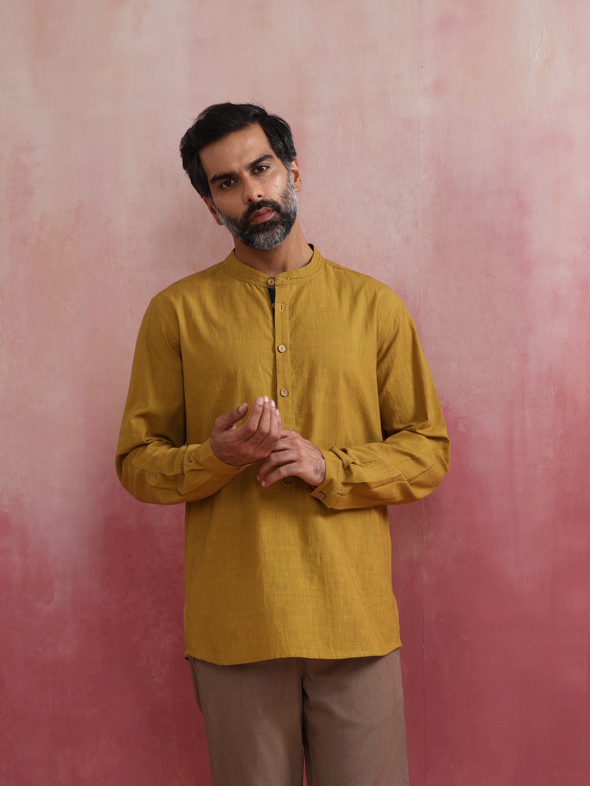 trueBrowns Men's Mustard Cotton Mandarin Collar Stylized Kurta | Swadesiicart