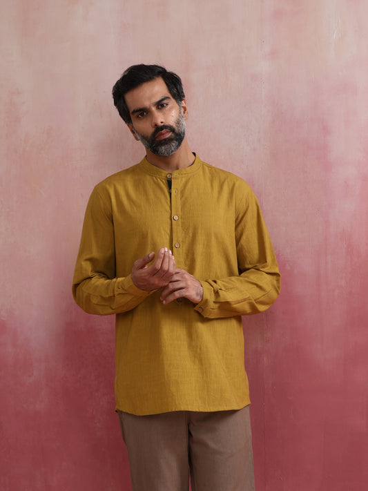 trueBrowns Men's Mustard Cotton Mandarin Collar Stylized Kurta | Swadesiicart