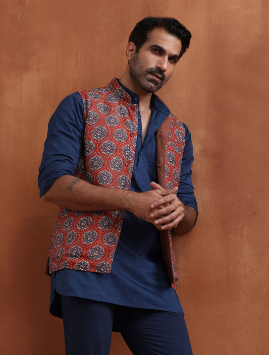 trueBrowns Men's Rust Printed Reversible Nehru Jacket | Swadesiicart
