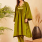 InWeave Women's Olive V Neck Asymmetrical Pleated Velvet Kurta Set - Swadesiicart