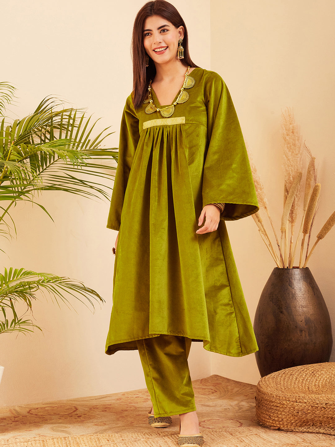 InWeave Women's Olive V Neck Asymmetrical Pleated Velvet Kurta Set - Swadesiicart