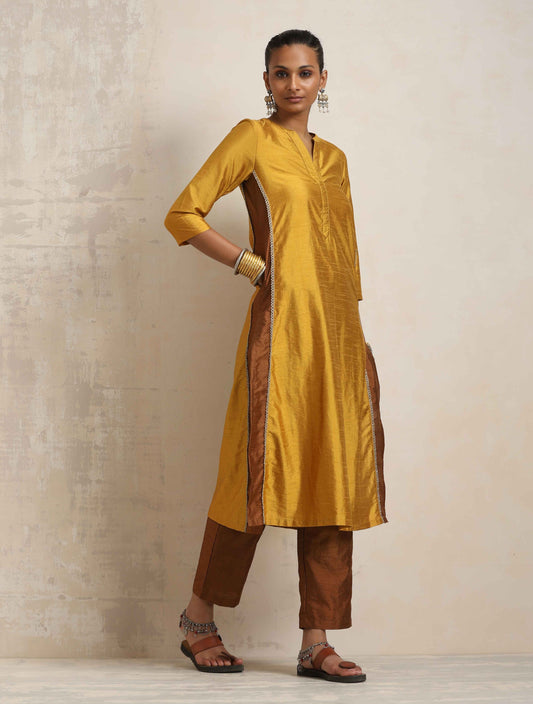 trueBrowns Gold Silk Kurta Set | Swadesiicart