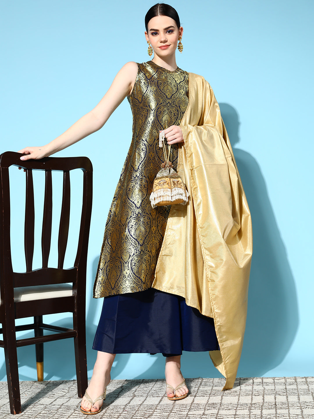 InWeave Women's Blue Banarasi Halter Kurta Set With Golden Dupatta - Swadesiicart