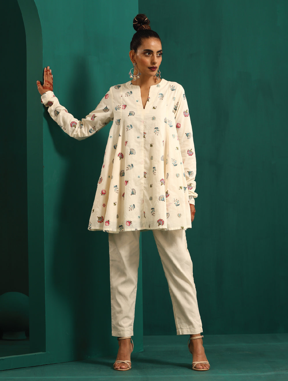 trueBrowns Ivory Multi Color Floral Cotton Flared Co-ord Set - Swadesiicart