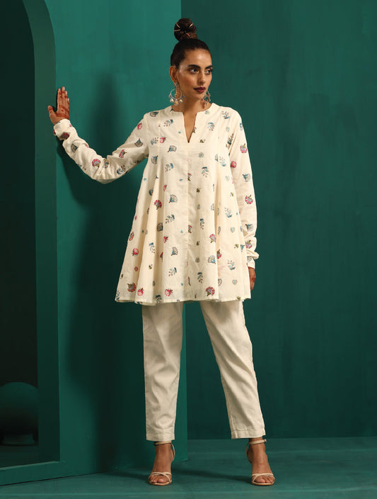 trueBrowns Ivory Multi Color Floral Cotton Flared Co-ord Set - Swadesiicart