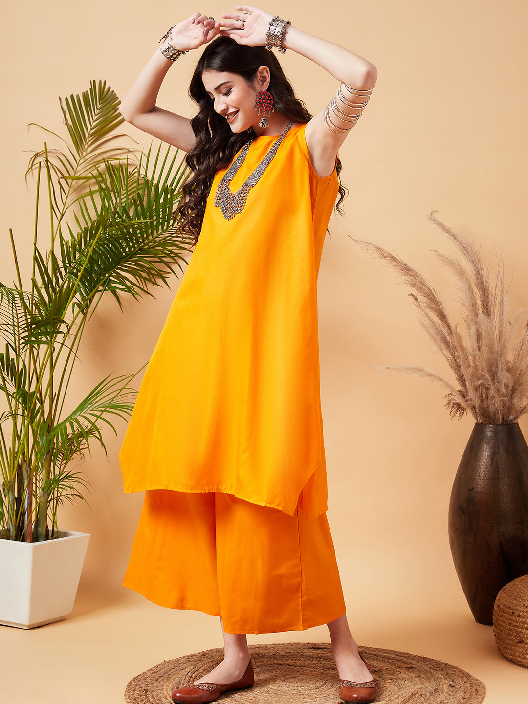 InWeave Women's Tangy Orange Short Kurta Palazzo Set - Swadesiicart