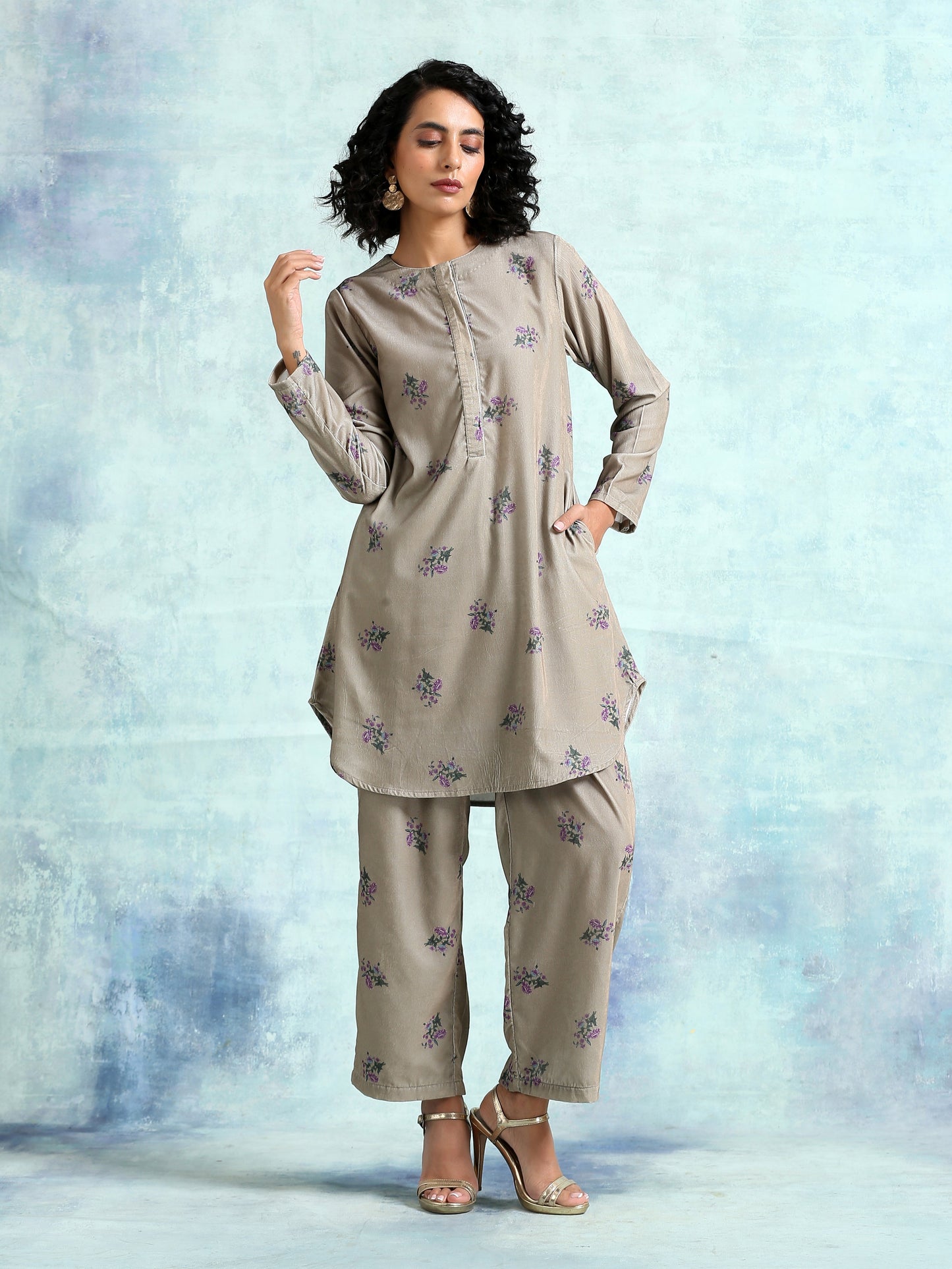 trueBrowns Sage Printed Velvet Co-Ord Set - Swadesiicart