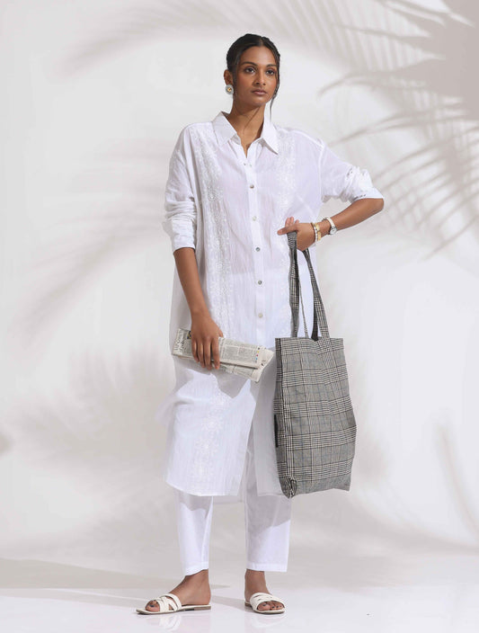 trueBrowns White Cotton Schiffli Shirt Kurta Set | Swadesiicart