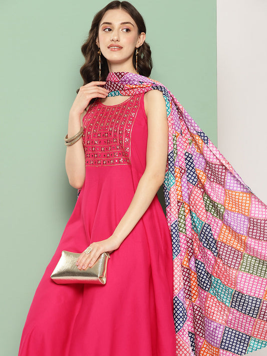 InWeave Women's Fuchsia Mirror Work Strappy Set W Square Bandhani Print Silk Dup - Swadesiicart