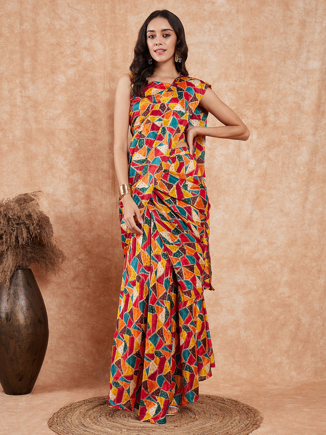 InWeave Women's Multi Color Trangle Skirt Saree - Swadesiicart