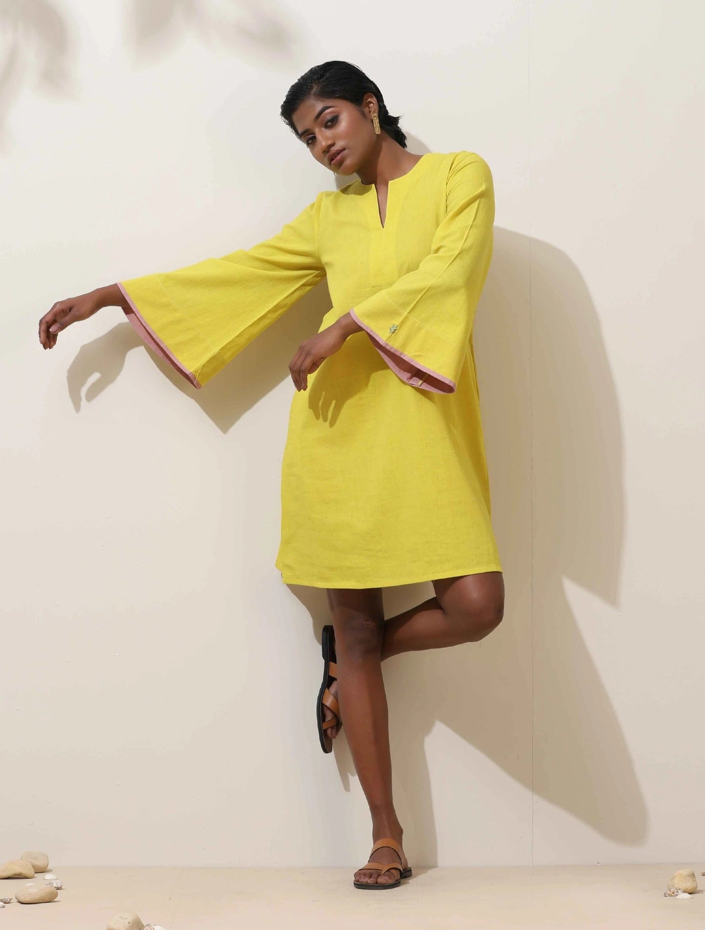 trueBrowns Lime Cotton Linen Dress | Swadesiicart