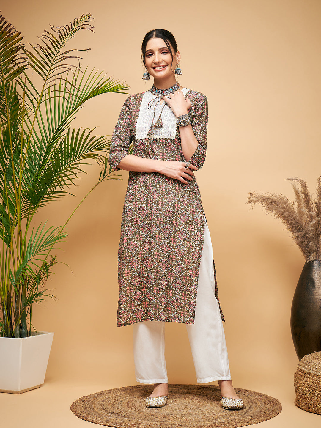 InWeave Women's Green Red Ajrakh Print Cotton Patch Work Straight Kurta Pant Set - Swadesiicart