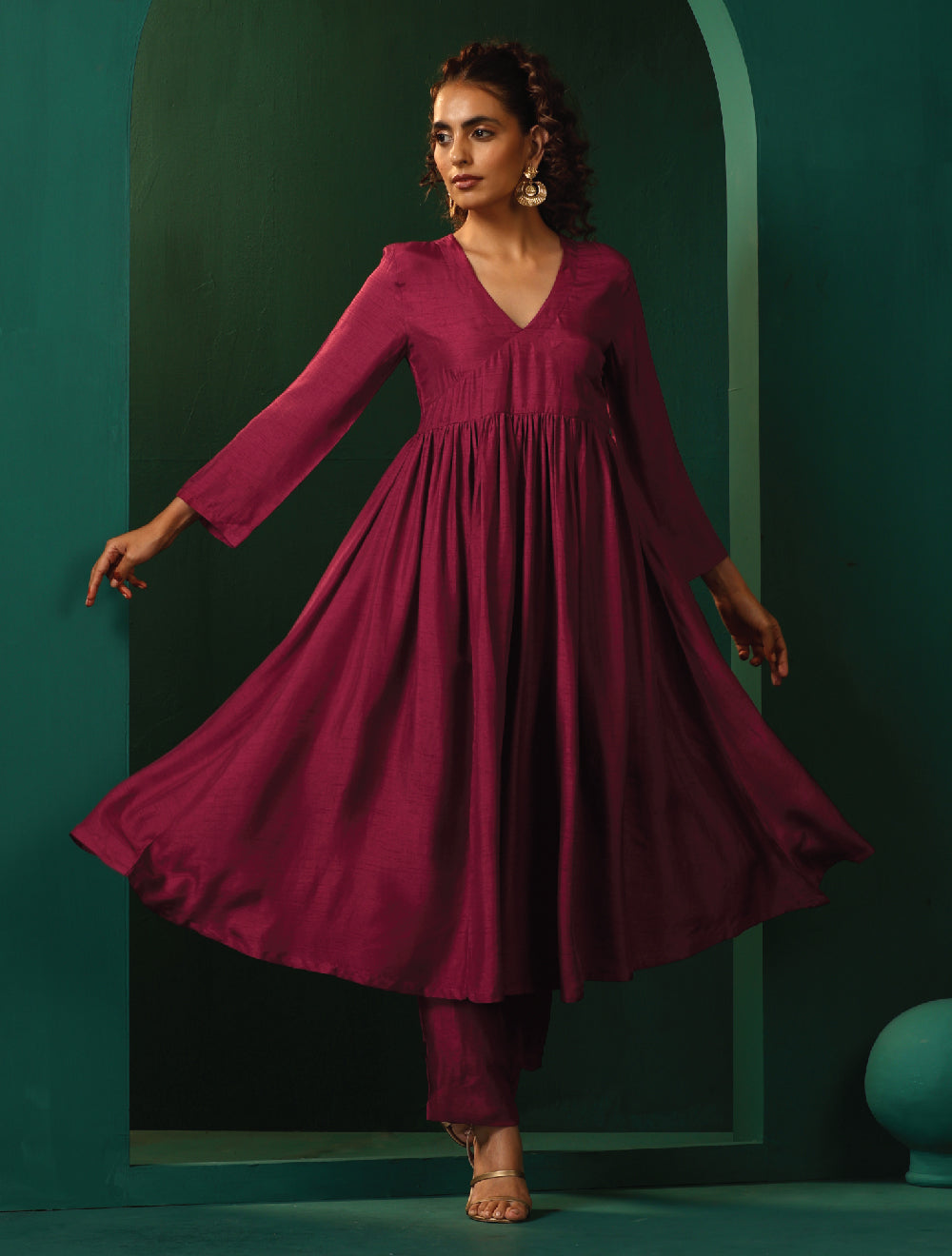 trueBrowns Maroon Silk Angrakha Kurta Pant Set | Swadesiicart
