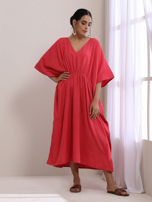 trueBrowns Bright Pink Dobby Kaftan Dress | Swadesiicart