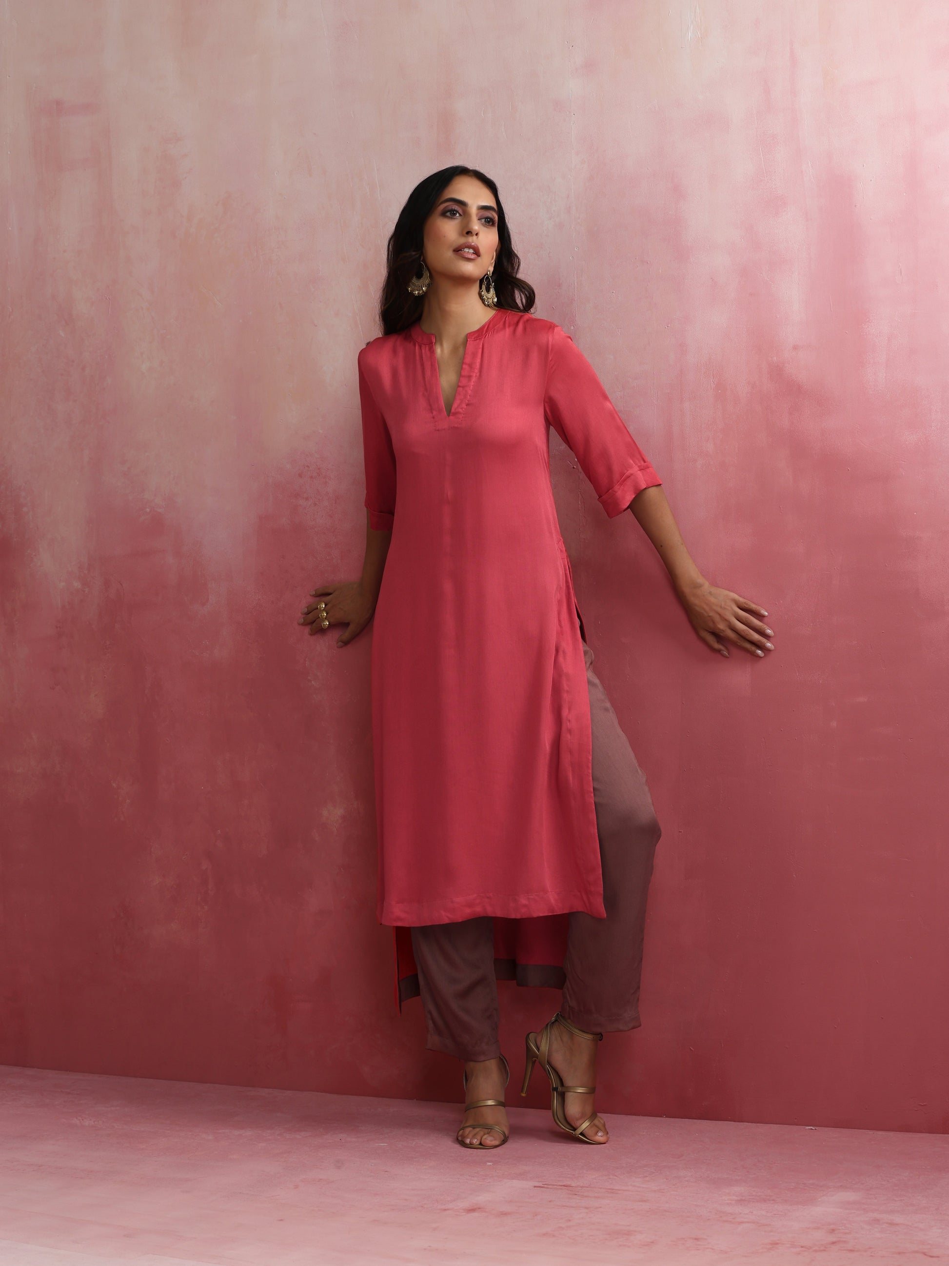 trueBrowns Red Modal Straight Fit Kurta Set | Swadesiicart