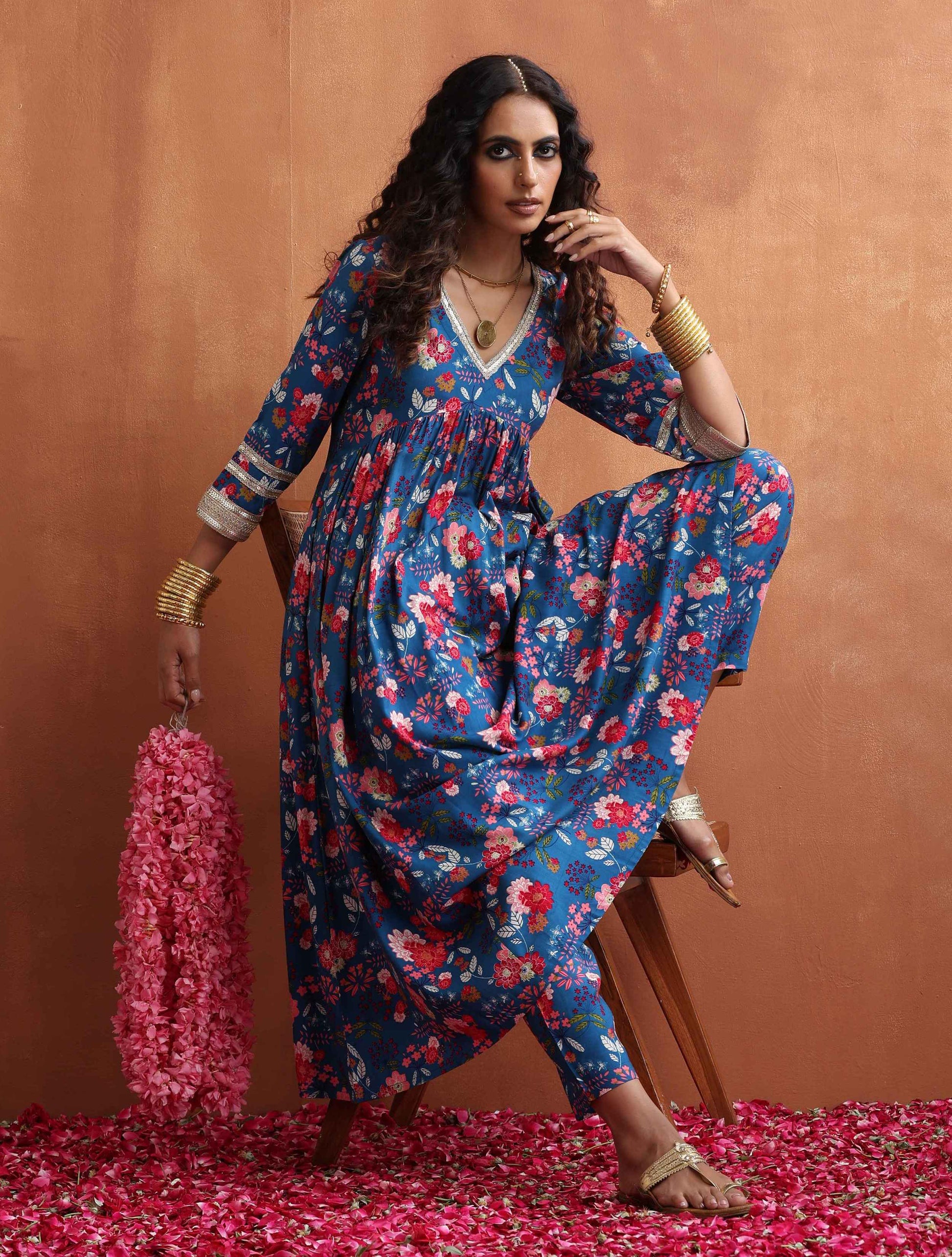 trueBrowns Blue Print Flared Anarkali Kurta Set | Swadesiicart