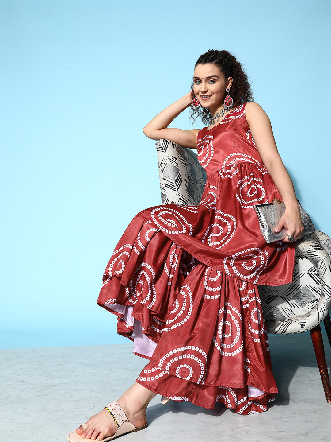 InWeave Women's Maroon Bandhani Motif Tiered Sharara Set - Swadesiicart
