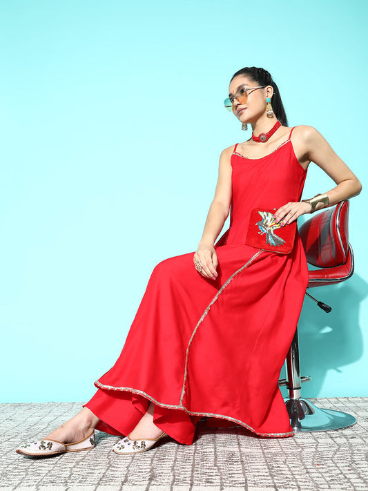 InWeave Women's Red Gota Strappy Kurta Set - Swadesiicart