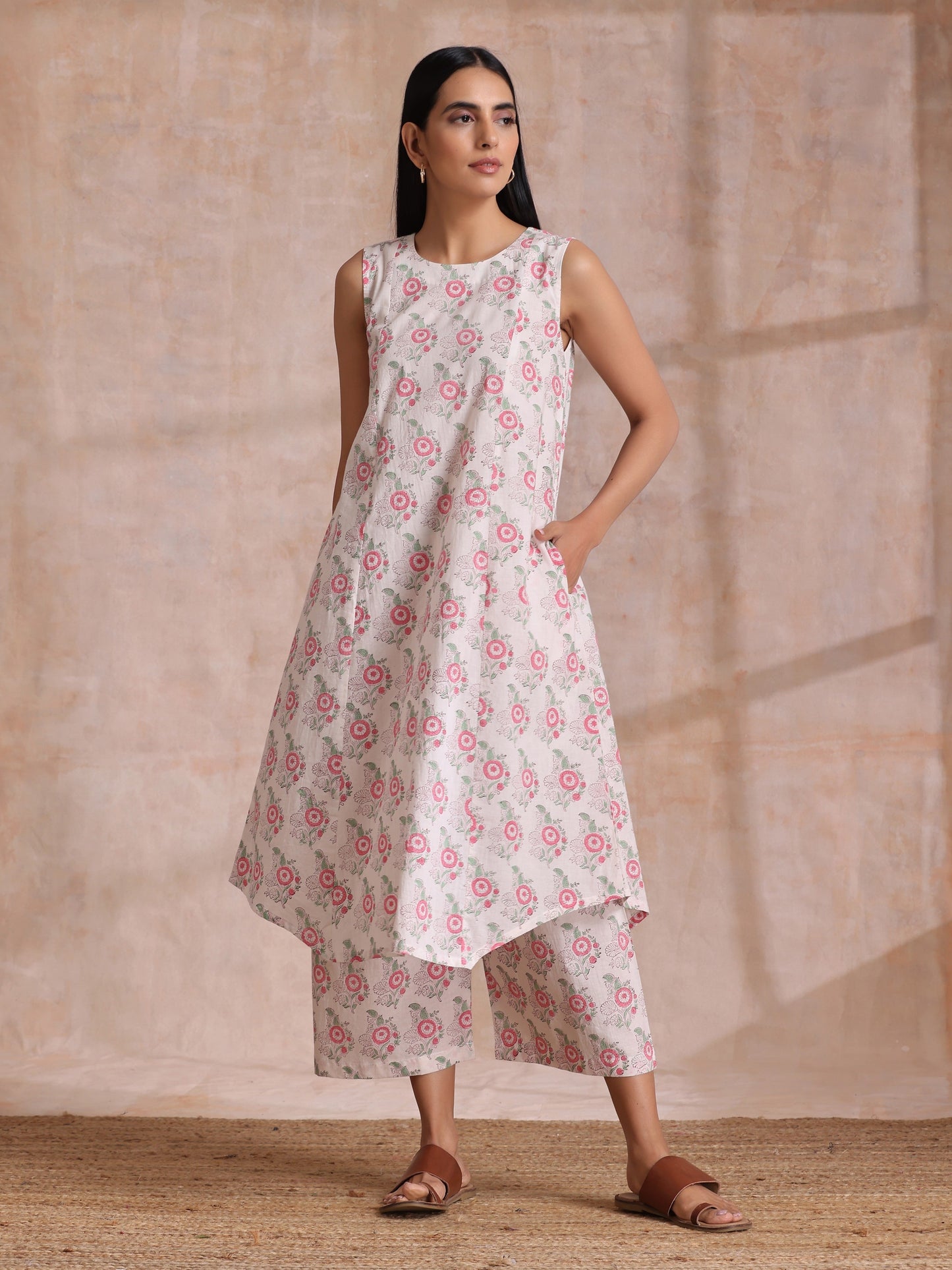 trueBrowns Pink Green Buta On White Block Print Cotton High-Low Co-Ord Set - Swadesiicart