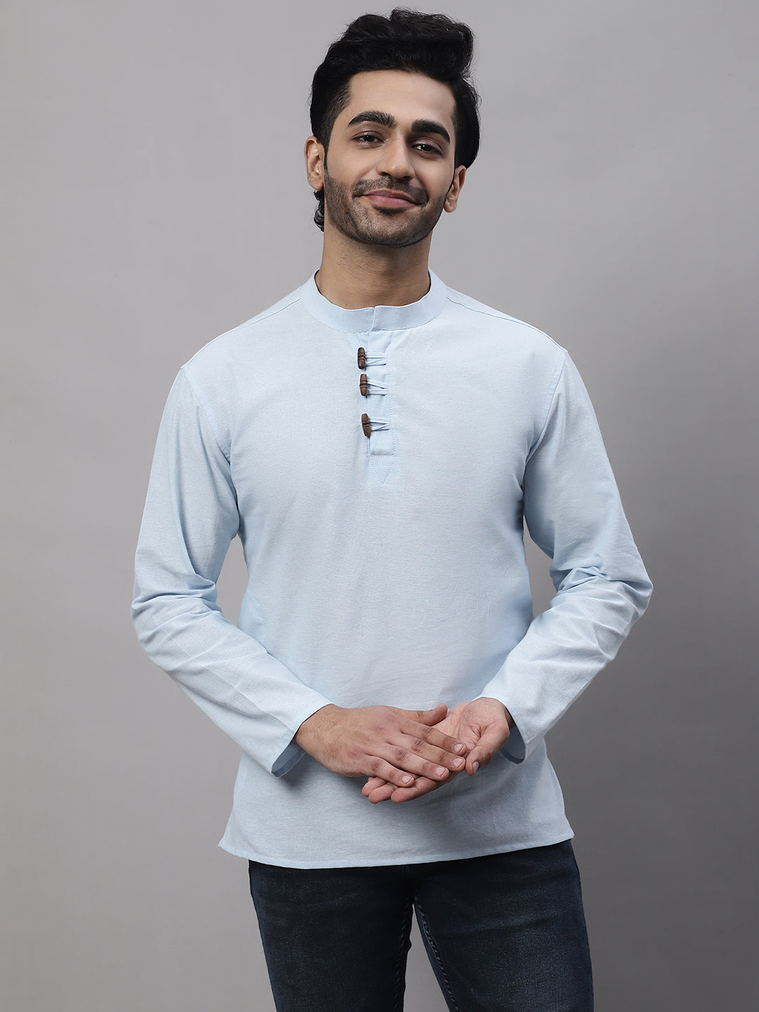 Even Apparels Blue Pure Cotton Kurta With Band Collar | Swadesiicart