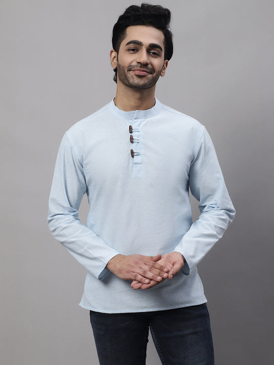 Even Apparels Blue Pure Cotton Kurta With Band Collar | Swadesiicart