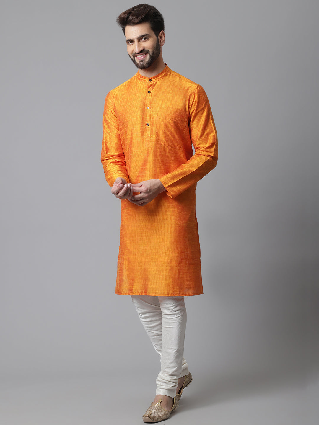 Even Apparels Orange Solid Kurta With Band Collar | Swadesiicart