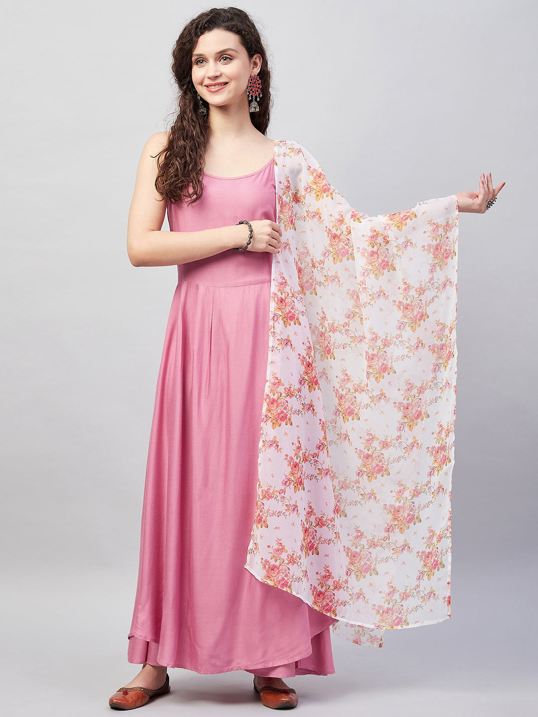InWeave Women's Light Pink Strappy Set W Cream Orange Print Ge Dupatta - Swadesiicart