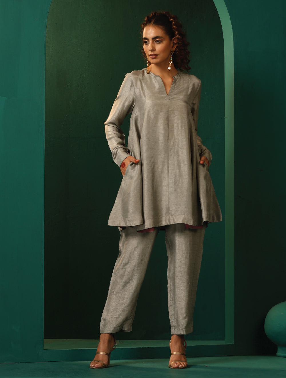 trueBrowns Grey Silk Flared Co-ord Set - Swadesiicart