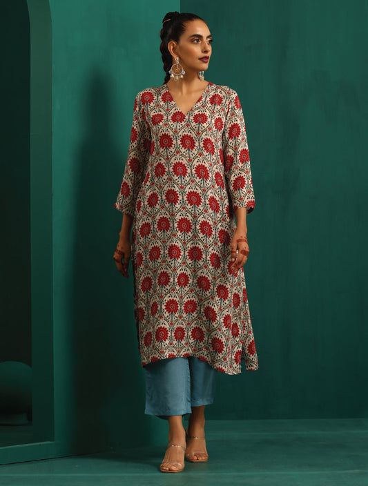 trueBrowns Ivory Red Circle Floral Muslin Silk Printed V-Neck Kurta Pant Set | Swadesiicart