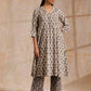trueBrowns Clay Dabu Buta Print Cotton Front Neck Gathered Kurta Pant Set | Swadesiicart