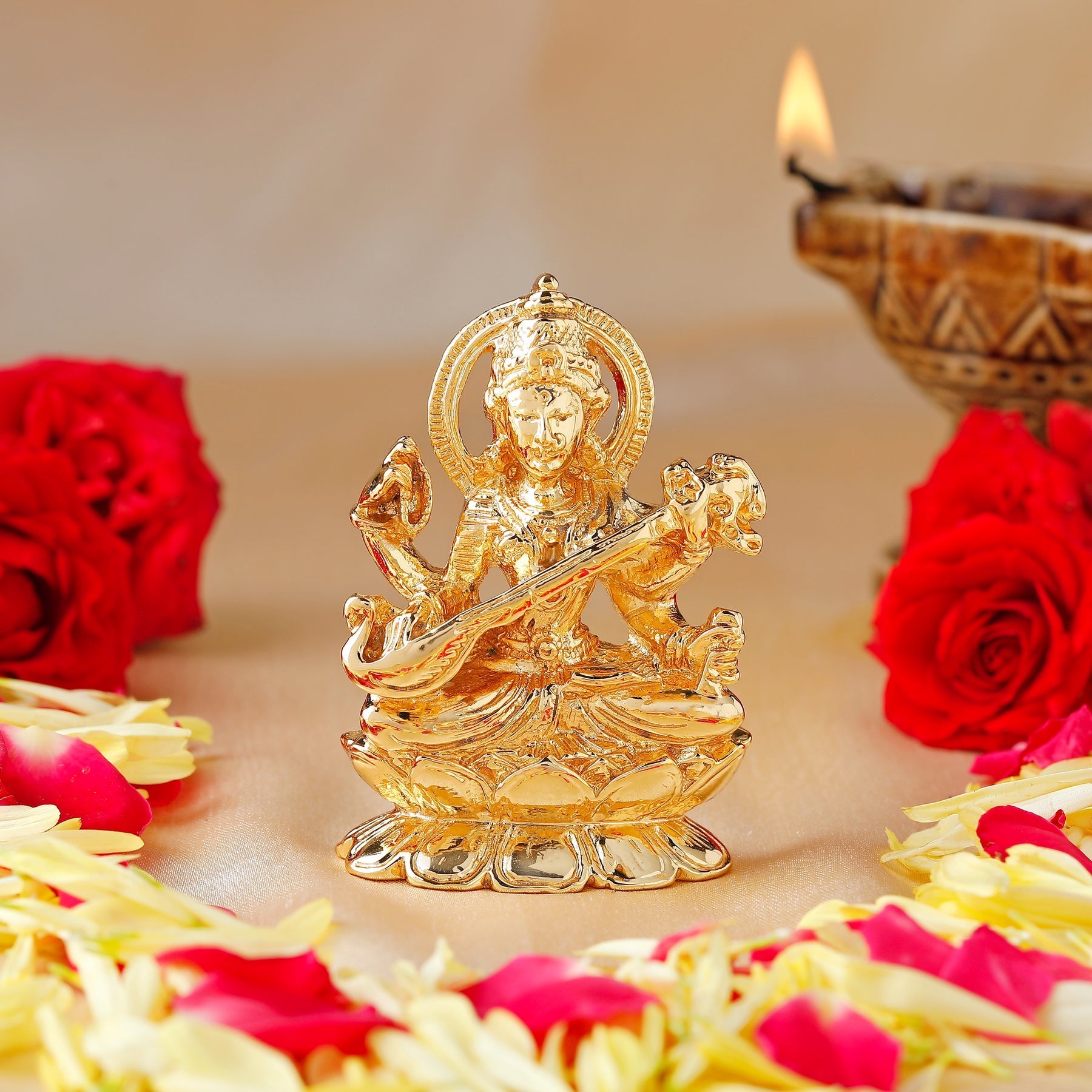 Estele Gold-Polished Goddess of Knowledge Sarasavti Ma Idol for Pooja & Car decor - Swadesiicart