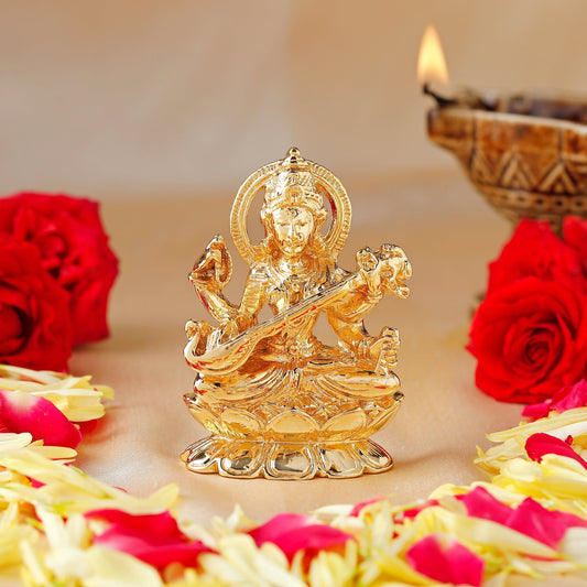 Estele Gold-Polished Goddess of Knowledge Sarasavti Ma Idol for Pooja & Car decor - Swadesiicart