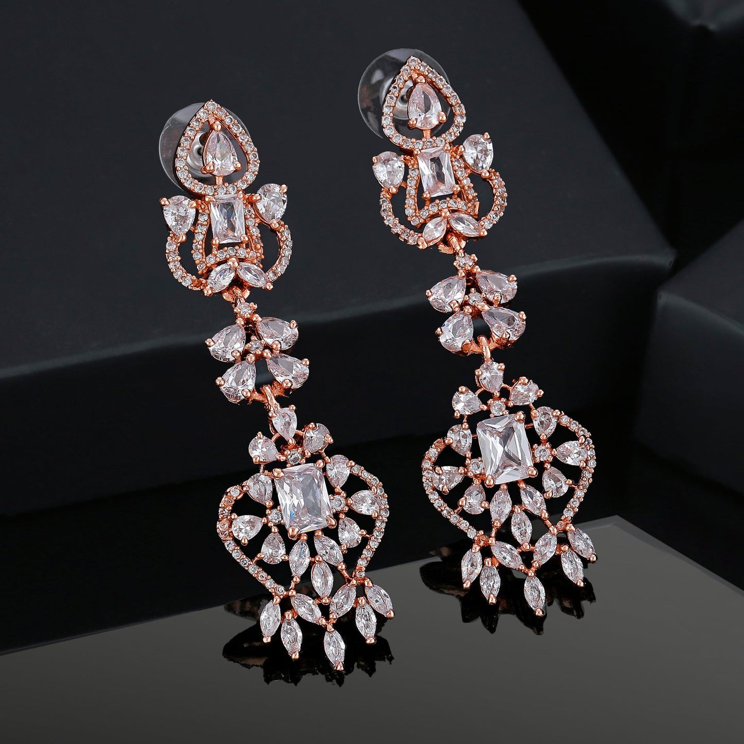 Estele Rose Gold-Polished CZ Magnificent Drop & Dangle Earrings with White Crystals for Women - Swadesiicart