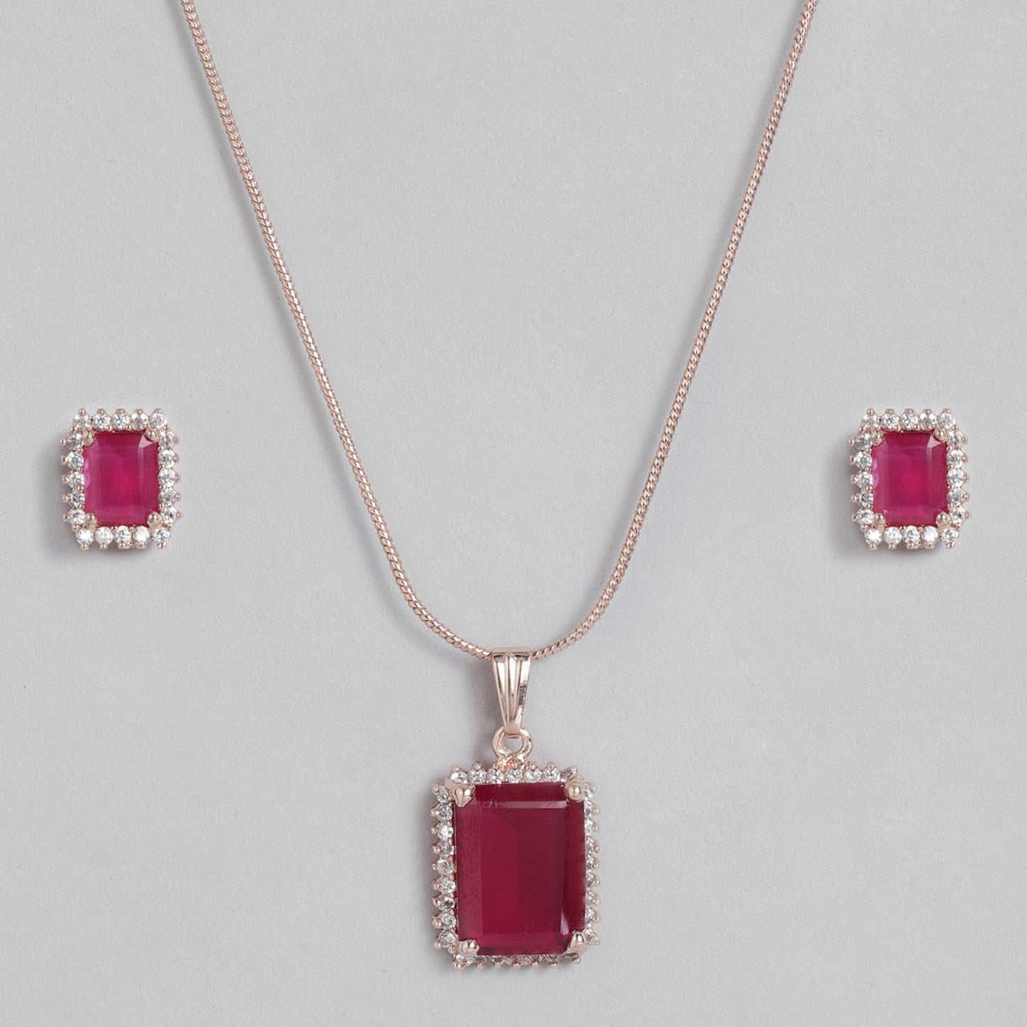 Estele Rose Gold-Polished Stylish Square Pattern Pendant Set with Ruby American Diamonds for Girls & Women | Swadesiicart