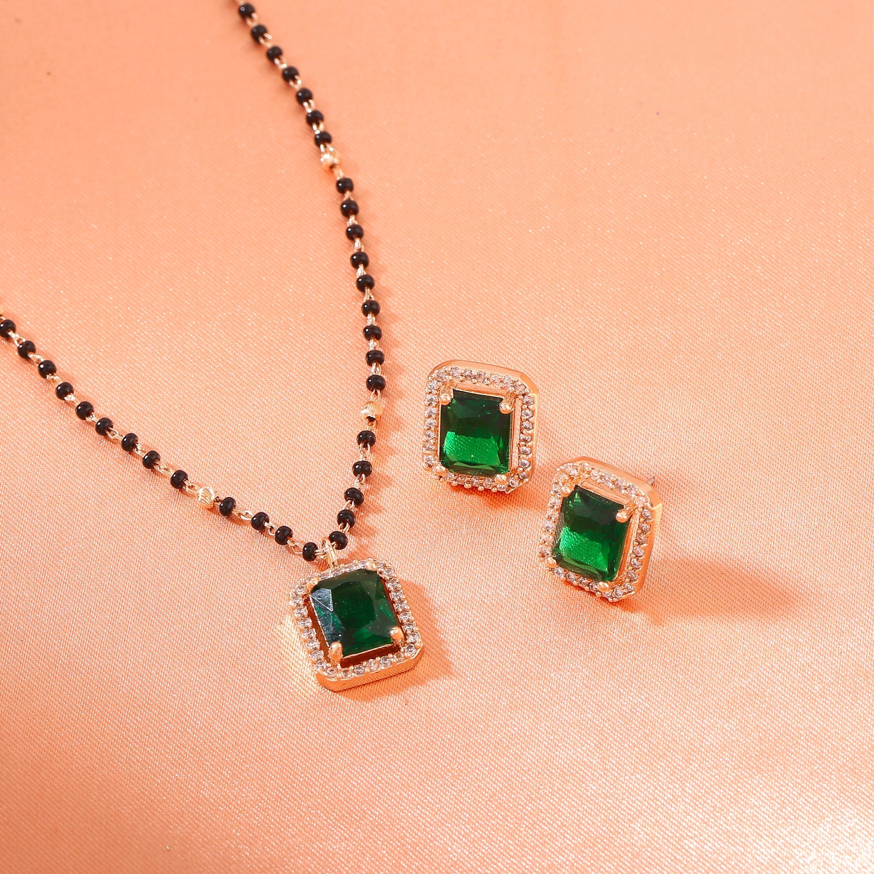 Estele Rose Gold-Polished CZ Square Designer Mangalsutra Necklace Set with Emerald Stones for Women - Swadesiicart