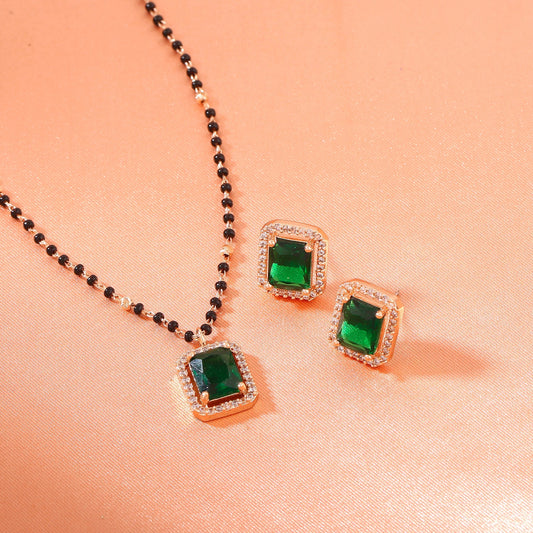 Estele Rose Gold-Polished CZ Square Designer Mangalsutra Necklace Set with Emerald Stones for Women - Swadesiicart