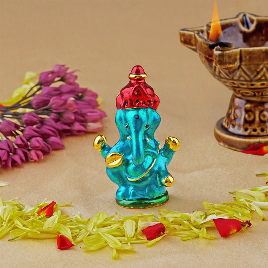 Estele Gold-Polished God of beginnings Lord Ganesha Idol with multi-color Stone Type:Enamel for Gifts & HouseWarming/Home/Office Decors - Swadesiicart