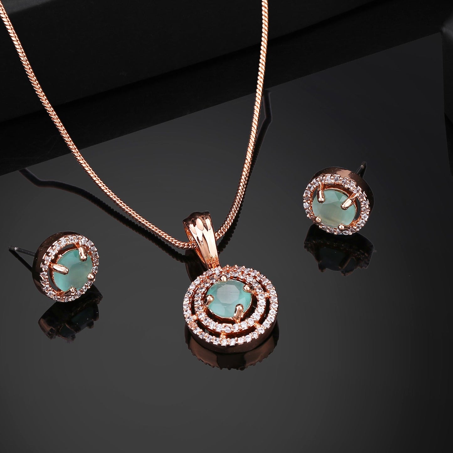 Estele Rose Gold-Polished CZ Circular Designer Pendant Set with Mint Green Stones for Women | Swadesiicart