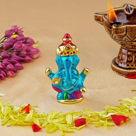 Estele Gold-Polished Spiritual Lord Ganesha Idol with multi-color Stone Type:Enamel for Gifts & HouseWarming/Home/Office Decors - Swadesiicart