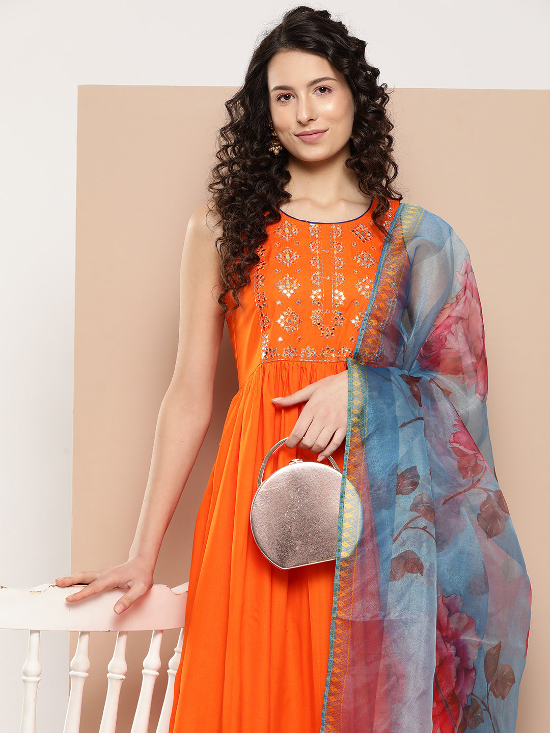 InWeave Women's Orange Mirror Work Aline Strappy Kurta Set Blue Fuchsia Or Dupatta - Swadesiicart