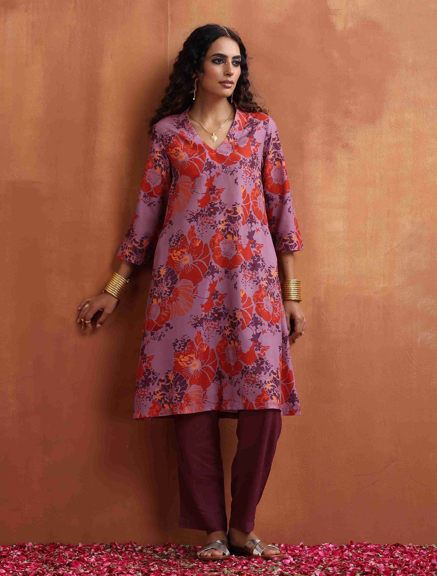 trueBrowns Purple Print Kurta Co-ord Set - Swadesiicart