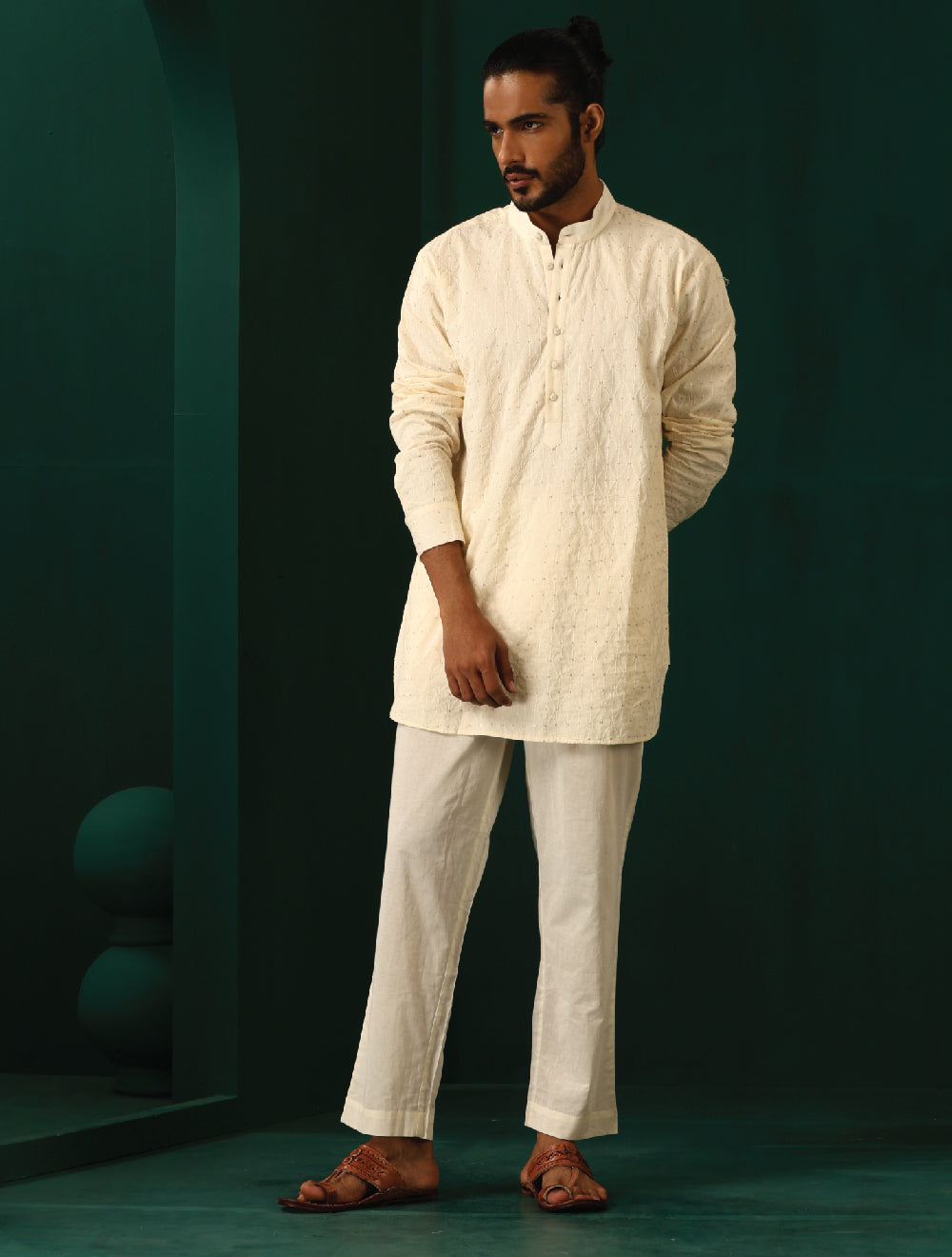trueBrowns Men's Ivory Tonal Cotton Co-ord Set - Swadesiicart